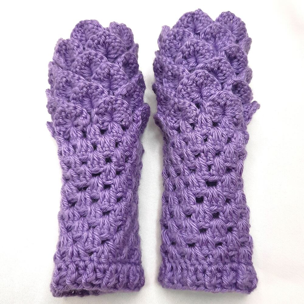 Crochet Dragon Scale Fingerless Gloves Handmade Purple Texting Crocodile Stitch
